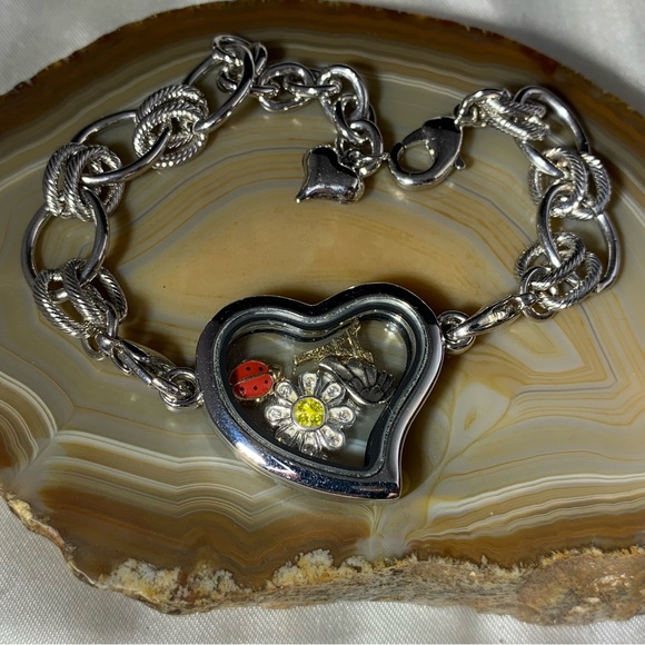 Floating Heart Locket Charming Silver Bracelet with Ladybug and Flower - Picture 1 of 4